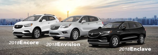 The 3 Buick SUVs from left to right: the Encore, Envision, and Enclave.