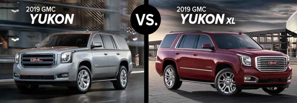 Side by side of silver 2019 GMC Yukon and red 2019 GMC Yukon XL